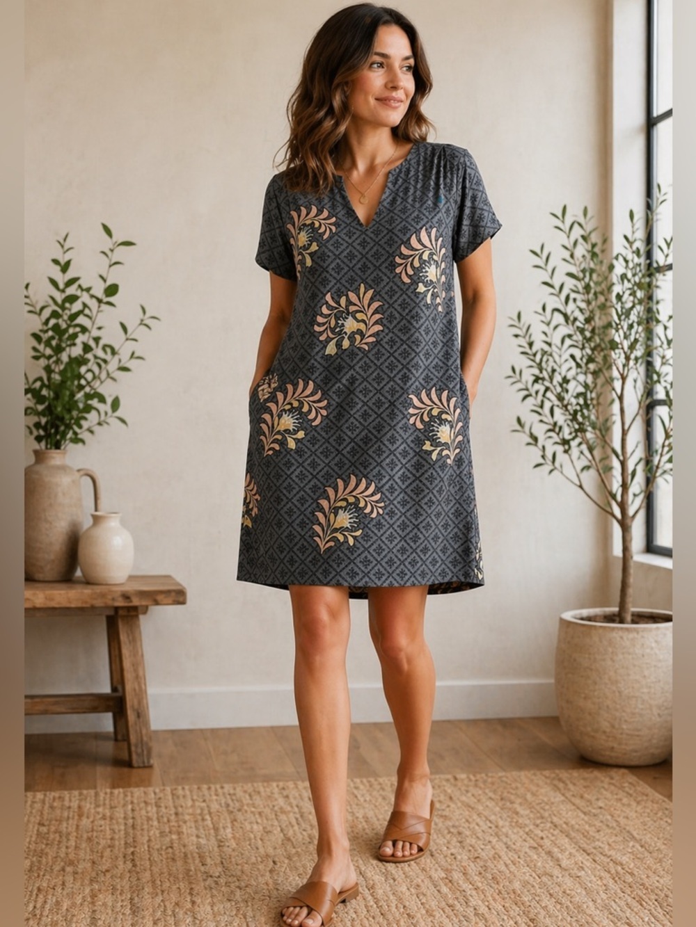 The Odells Zinaida Flora Fauna Shift Dress Large Gray Print Pockets